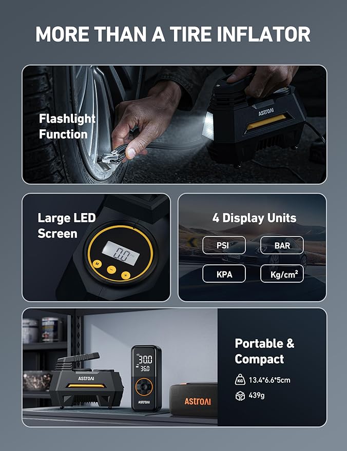 AstroAI Tire Inflator Portable Air Compressor Tire Air Pump for Car Tires - Car Accessories, 9.8Ft Cord 12V DC-Powered Auto Pump with Digital Pressure Gauge, LED Light for Bicycle, Balloons, Yellow