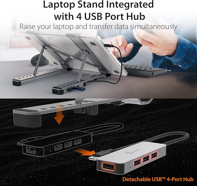 j5create Portable Aluminum Laptop Stand with USB 4-Port Hub, Foldable and Adjustable Notebook Riser with 4 USB-A Ports for MacBook, Laptop, and Tablet up to 16" (JTS223)