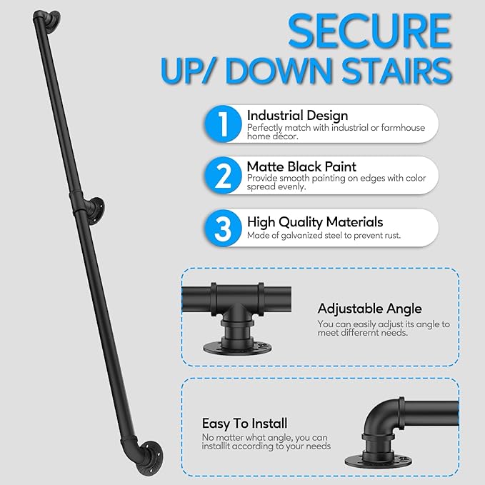 Pipe Stair Handrail, 3 Ft Metal Staircase Handrail, Black Galvanized Industrial Iron Hand Rail for Indoor & Outdoor Wall Mount Support, Wall Hand Railing,Safety Handle, Steps Baluster(HR01)