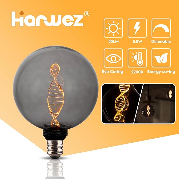 Unique Stained Glass Light Bulbs, Low Lumen Eye-Caring Soft Dim Lighting for Mood (Not Daylight White) 55LM, Oversized Globe Decorative Dimmable LED Bulb 3.5W, E26 Medium Base, Smoke RN G125