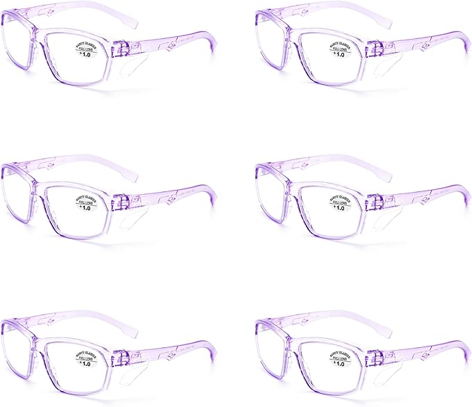 ProtectX Stylish Anti-Fog & Scratch-Resistant Safety Glasses With Readers, UV Protection Goggles, Anti-Impact Lightweight Glasses for Men＆Women Lilac Reading 1.0-6 Pack