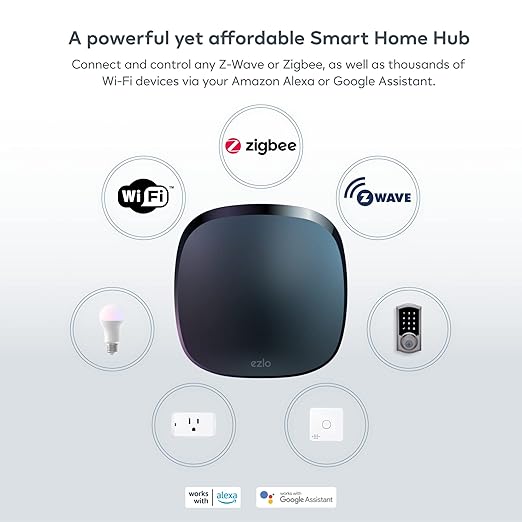 Ezlo Plus Smart Home Hub with Zigbee & Z-Wave. Works with Wi-Fi Devices Associated with Amazon Alexa Devices & Google Assistant to Control Smart Locks, Smart Lights, Smart Switch and CCTV Cameras