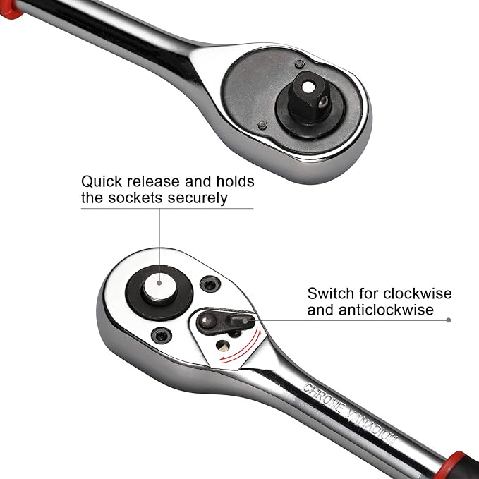 Egofine 12pcs 1/2 Inch Ratchet Socket Wrench Set, Drive Socket Set with 10 Sockets 10-15,17,19,22,24mm and 2 Way Quick Released Ratchet Handle and Extension Bar