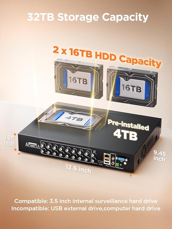 TIGERSECU Ultra HD 5MP 16 + 16 Channel Hybrid Security DVR/NVR with 4TB Hard Drive, Expandable to 32 Cameras, 6-in-1 Home Surveillance Recorder for 16 TVI, AHD, CVI, CVBS, RS485 PTZ and 16 IP Cameras