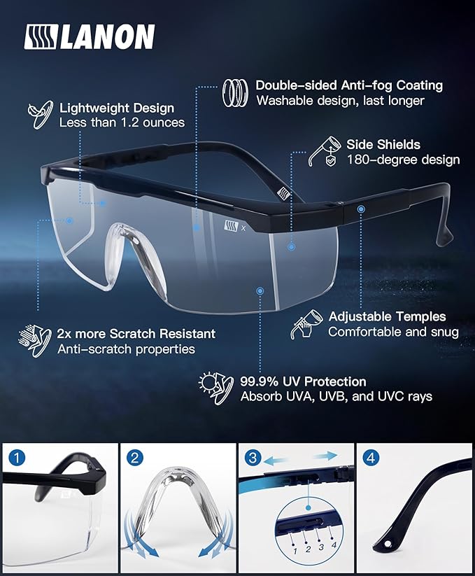 LANON Anti-Fog Safety Goggles with Ajustable Temples, 2.5 Times ANSI Z87.1 Double-sided Antifog, Side Protection, High Transmission, Lightweight & Comfortable Safety Glasses.
