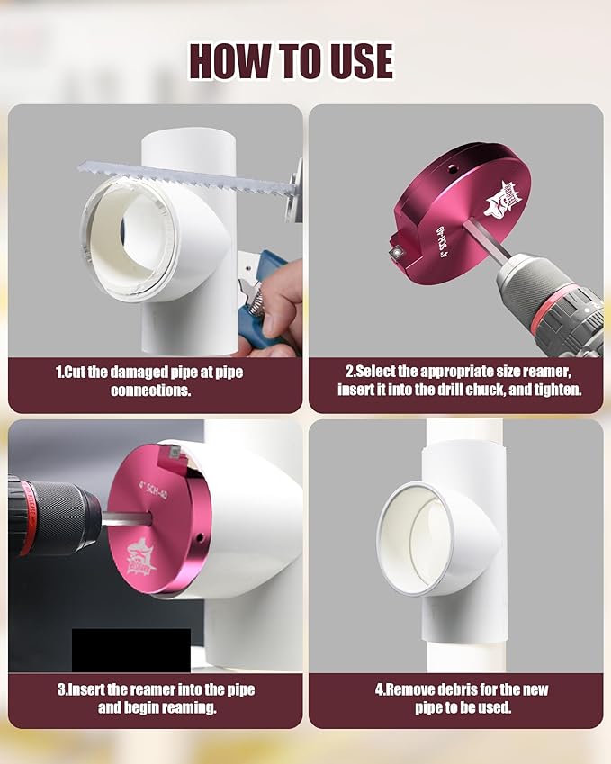 5 Pcs PVC Pipe Reamer Kit, PVC Fitting Saver Plastic Pipe Fitting Reamer Socket Saver Plumbing Tool Includes 1 1/4'', 1 1/2'', 2'', 3'', 4'' for Schedule 40 Fits Standard 1/2" Drill