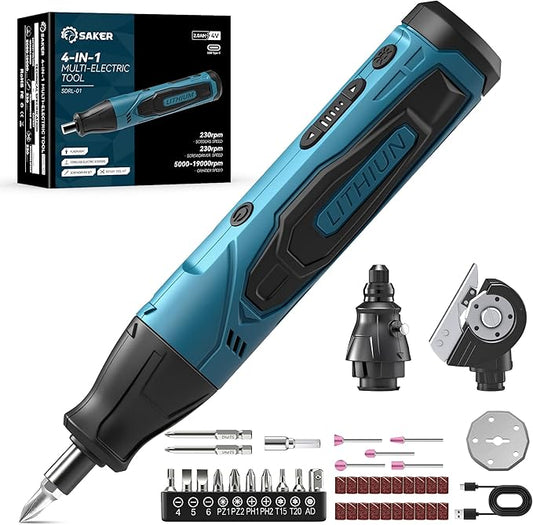 Saker 4-in-1 Electric Screwdriver Cordless, Detachable Tool Head for Box Cardboard Cutter & Rotary Tool, LED Flashlight, 2.5N.M, Home Tool Kits for House Repair, Handyman, DIY(65 Pieces)