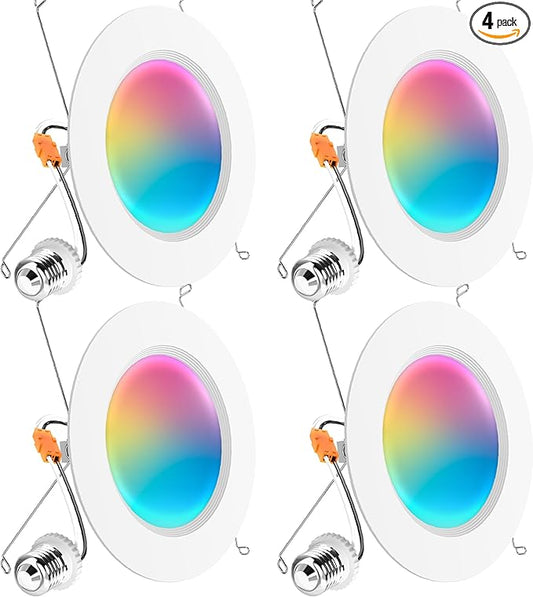 Sunco 4 Pack LED Recessed 6 Inch, Smart RGBW Color Changing Can Lights, High Brightness 1200 LM, 14W, Retrofit Installation, Compatible with Amazon Alexa & Google Assistant - UL