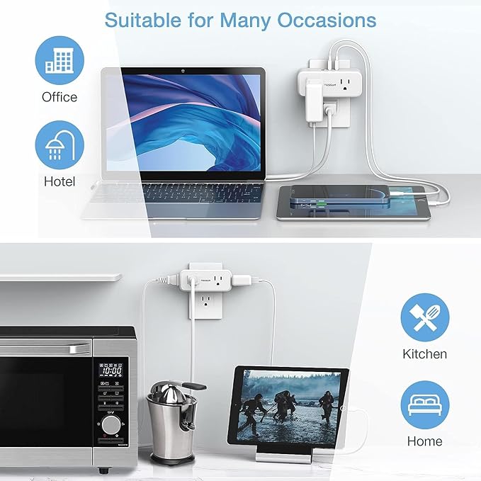 Multi Plug Outlet Splitter with USB, TESSAN 4 Electrical Multiple Outlet Extender with 3 USB Ports, Mini Double Plug Expander Surge Protector for Home, Office, Kitchen, Dorm Essentials, White