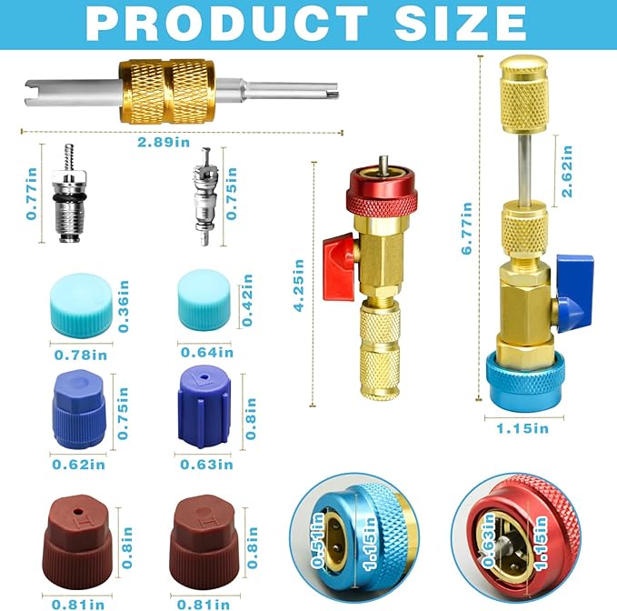 31Pcs R134A Valve Core Quick Remover Installer Tool Set, High Low Pressure AC Valve Core Removal Tool with R134A Valve Core AC Service Port Cap Valve Stem Kit for Refrigerant Air Conditioner System
