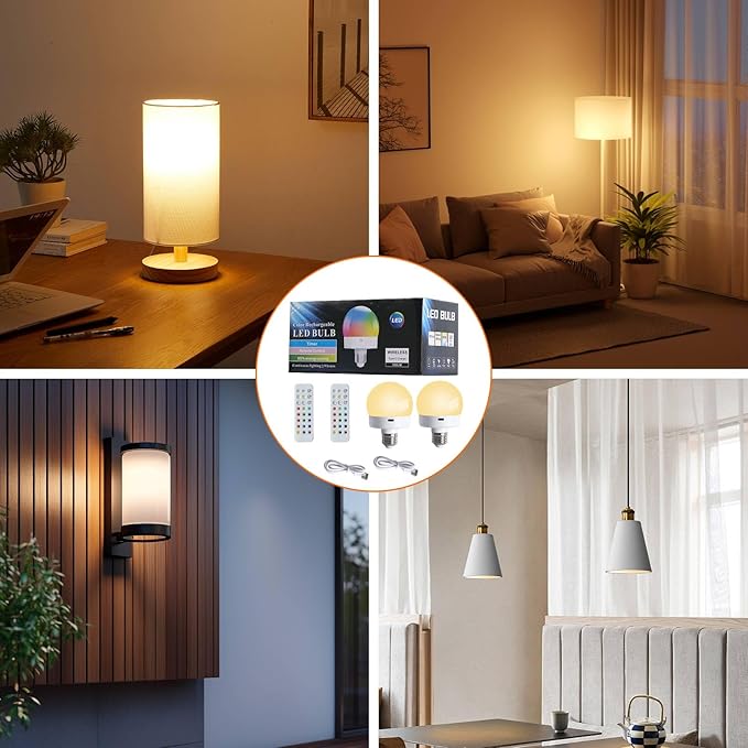 Rechargeable Battery Operated Light Bulb with Remote for Lamps, E26 Wireless USB Charging Magnetic LED Battery Powered Light Bulb, 380 LM Dimmable Puck Lights, 15 Colors, Timer, 2 Pack