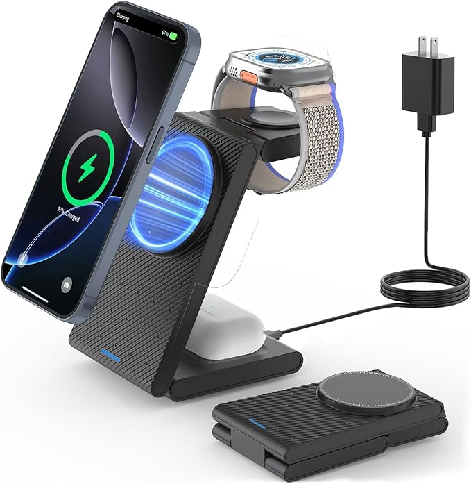 Wireless Charger Magnetic for Apple Devices - JoyGeek 3 in 1 Foldable Charging Station for Magsafe Compatible with iPhone 16 15 14 13 12 Pro Max Plus, Apple Watch 10 9 8 7 6 5 4 SE, AirPods 4/3/2/Pro