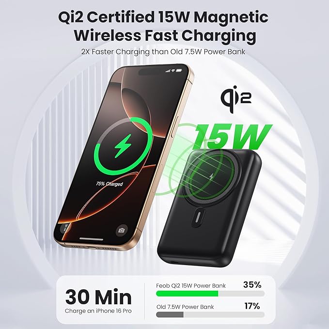 Magnetic Portable Charger for iPhone, 3-in-1 10800mAh Qi2 15W Wireless Power Bank with iWatch Charger,30W PD Fast Charging USB-C LCD Display Battery Pack for Magsafe,iPhone 16/15/14/13/12, Apple Watch