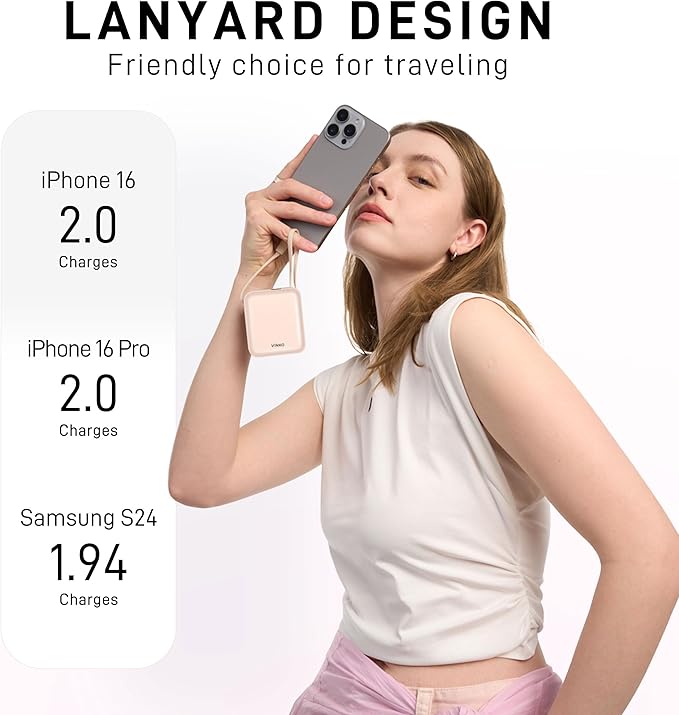 VINKO 10000mAh Power Bank Built-in Cables, Fast Charging with LED Display, Small Travel Battery Pack with Cords, Airplane Travel Essentials,Portable Phone Charger for Cell Phone Smart Devcies(Pink)