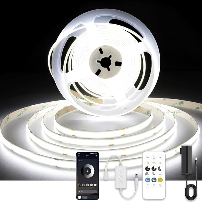 White COB LED Strip Light, Dimmable 32.8ft/10m LED Light, 6000K Daylight White 3200 LEDs High Lumen LED Tape Lights CRI 90+ with RF Remote and UL Power for Bedroom,Kitchen,DIY Home Decoration