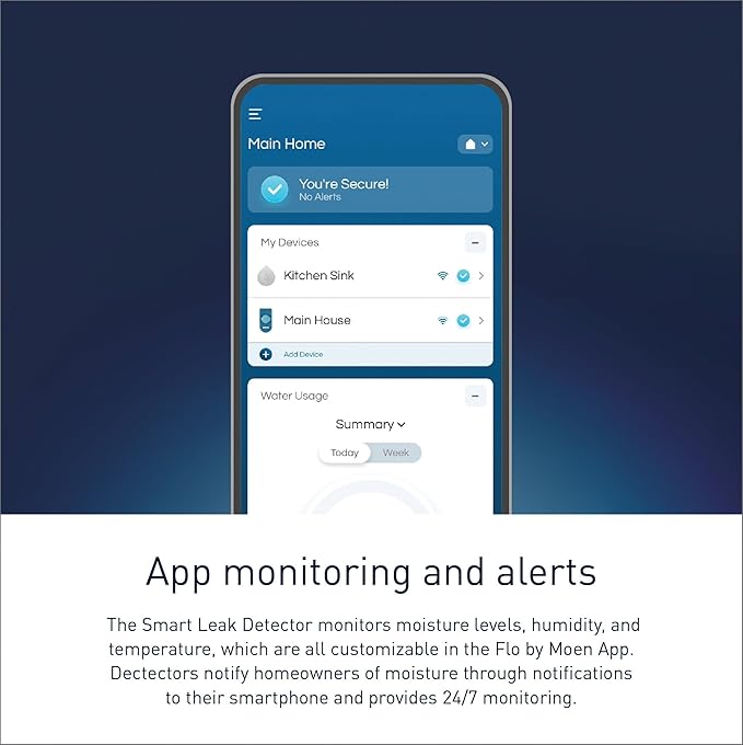 Moen Flo Smart Water Leak Detector, White, 4-Pack 920-005 + 2-Pack 6-Foot Leak Sensing Cable