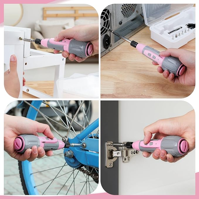 WORKPRO Electric Cordless Screwdriver Set - 4V USB Rechargeable Lithium-ion Battery Screwdriver Kit with LED Light - Small Screwdriver with 7pcs Bits for Home, Office, Apartment - Pink Ribbon