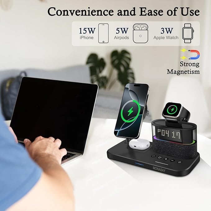 MONASAY Qi2 5 in 1 Wireless Charging Station, 23W Wireless Charger with Alarm Clock for Multiple Devices, Magnetic Charger Stand for iPhone 16/15/14/13/12 Series and AirPods, Apple Watch Series, Black