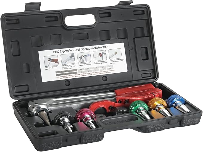 PEX Tube Expansion Tool Kit - Manual Expander with 5 Heads - Meets ASTM F1960 Standard - Includes 3/8”, 1/2”, 5/8”, 3/4”, 1” Expansion Heads and Tube Cutting Tool