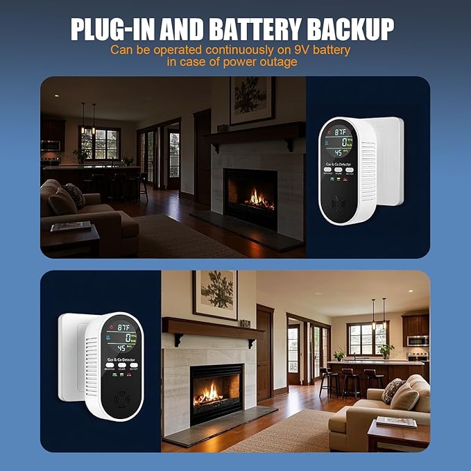 2 Packs Combination Gas & Carbon Monoxide Detectors Plug in, 5-in-1 Natural Gas Detector & Carbon Monoxide Alarm with Temperature (°F) and Humidity, CO Detector with Built-in 9V Battery for Home, RV