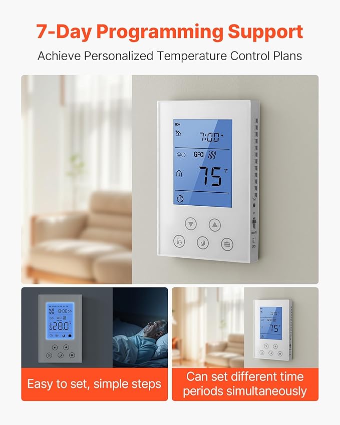 VEVOR 7-Day Programmable Thermostat, Home Thermostats for Radiant Underfloor Heating Cable,Heat Pump, Built-in GFCI & Sensitive Sensor, LED Screen with Backlight,Energy-Efficient,White