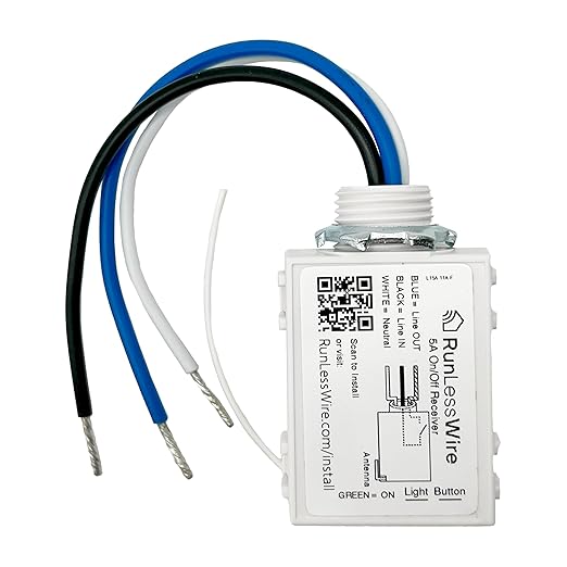 RunLessWire 5 Amp On/Off Receiver Add-On RF Relay Compatible with Self-Powered Kinetic Wireless Light Switches to Control Electrical Circuit Remotely Easy DIY Install 100-240VAC, Indoor Use