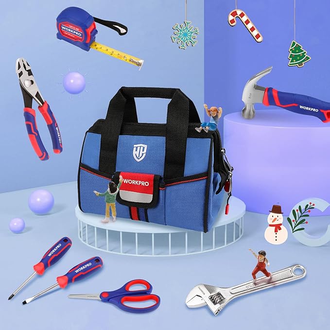 WORKPRO 9-Piece Kids Real Hand Tool Set, Blue Junior Tool Kit with Storage Bag for Boys, Girls, Children DIY Building and Woodworking, Age 8+