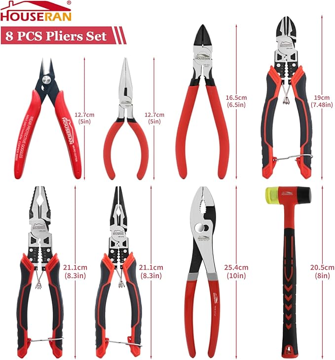 8-Piece Tool Set with Case Including 10” Slip Joint Pliers, 8.3” Long Nose, 8.3” Linesman, 7.5” Diagonal, 6” Flush Cutter, 5” Long Nose, 5” 170 Cutter, 25mm Rubber Mallet for DIY & Home Use
