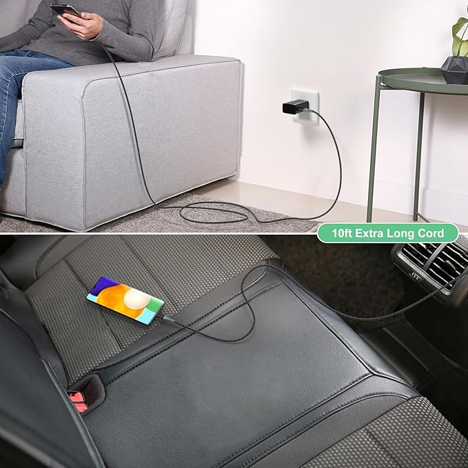 Adaptive Fast Charging Wall Charger with USB C Cable 10Ft, Excgood Fast Charger Power Adapter USB Type C Cable Fast Charging Compatible with Galaxy S25 S24 S23 S22 S21 S8 S9 S10 A15 A03s Android Phone