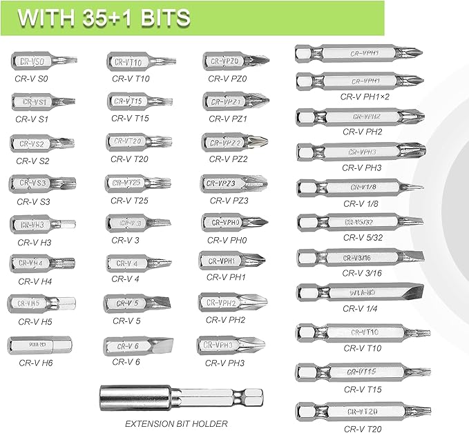 WORKPRO 4V Electric Screwdriver, Rechargeable Cordless Screwdriver Set with 35 Bits, Extension Rod, USB Charging Cable in Carrying Case, LED Light, Black Gray