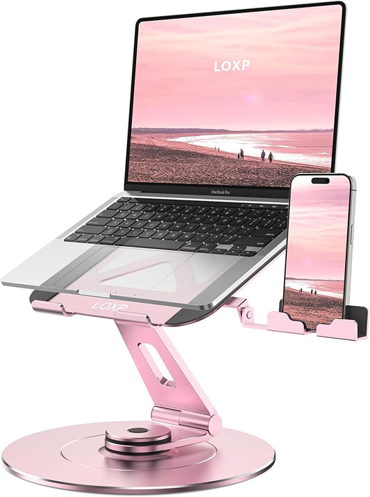 Ultra-Stable Aluminumy Swivel Laptop Stand for Desk with Rotating Foldable Phone Holder, 300% Larger Base, Stylish Computer Stand for Women, Men Office, Fits 10-17.3" Laptops, Pink