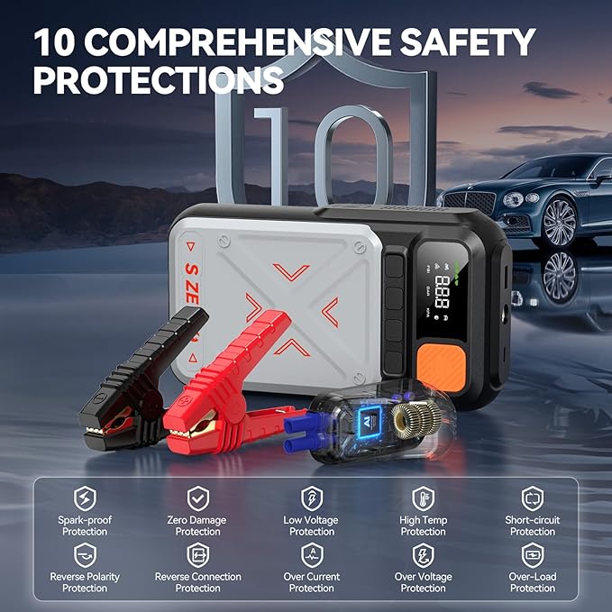 B29L 10 in 1 Car Jump Starter with Air Compressor, 3500A 150PSI Jump Box Battery Pack(8.0 Gas/6.0L Diesel), Portable 12V Jump Box with Cordless Auto-Shutoff Tire Inflator, USB Ports, LCD Display