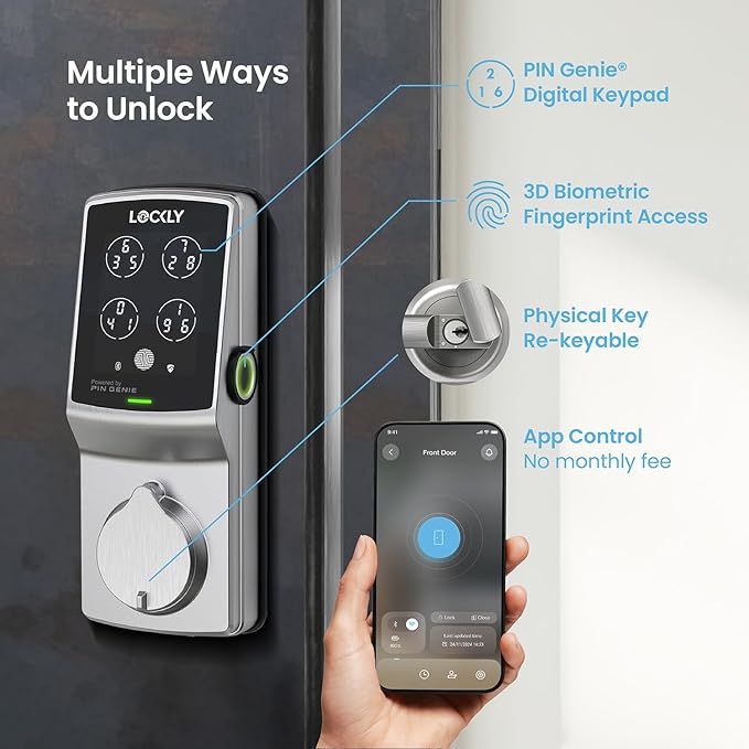 Lockly Secure Pro Smart Deadbolt, Wi-Fi Smart Lock, Keyless Entry with PIN Genie® Keypad, 3D Biometric Fingerprint, Auto Lock, Rekeyable-Satin Nickel