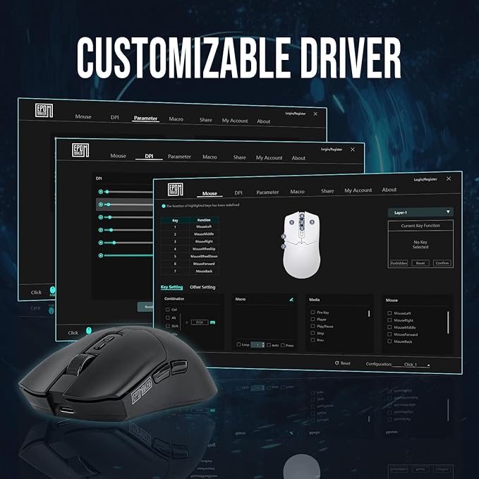 EPOMAKER Click Gaming Mouse Wireless 2.4Ghz/Bluetooth/Type-C, 800 to 42,000 DPI Adjustable, 8K Polling Rate, 500mAh, Lightweight Optical Mouse, for PC/Mac/Linux (Black)