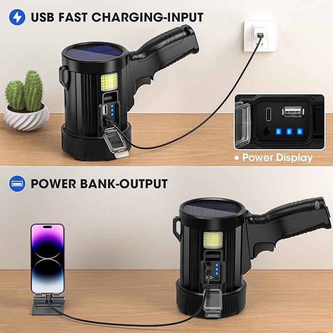 Rechargeable Spotlight, 90,000 Lumens Super Bright Handheld Led Flashlight, Outdoor Spot Light with Cob Light and Solar Panelsfor Boating Camping