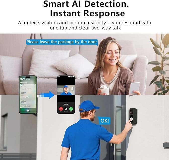 Video Doorbell Camera Wireless with Charm, HD Camera, Real-Time Alerts Ring Call, Pan Rotate, AI Detection, Power Battery, Home Security Apartment Camara para Puerta, 2.4G WiFi, Carbon Fiber