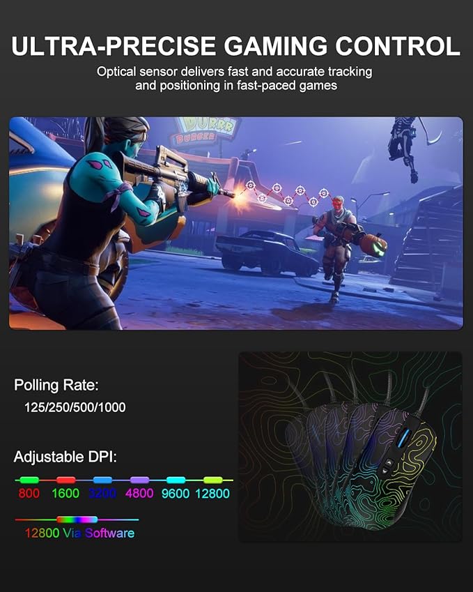 Womier G705 USB Wired Gaming Mouse for PC Computer Windows Mac Laptop, Lightweight Silent RGB Backlit Mouse with Adjustable 12000DPI/7 Programmable Side Buttons,Kanagawa Theme (Black Topographic)