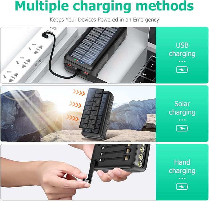Solar Charger Power Bank 63200mAh, Portable Charger with Dual Outputs & Dual Inputs 4 LEDs Flashlight, Hand Crank Power Bank Fast Charging Battery Pack for Outdoor Camping Survival Gear