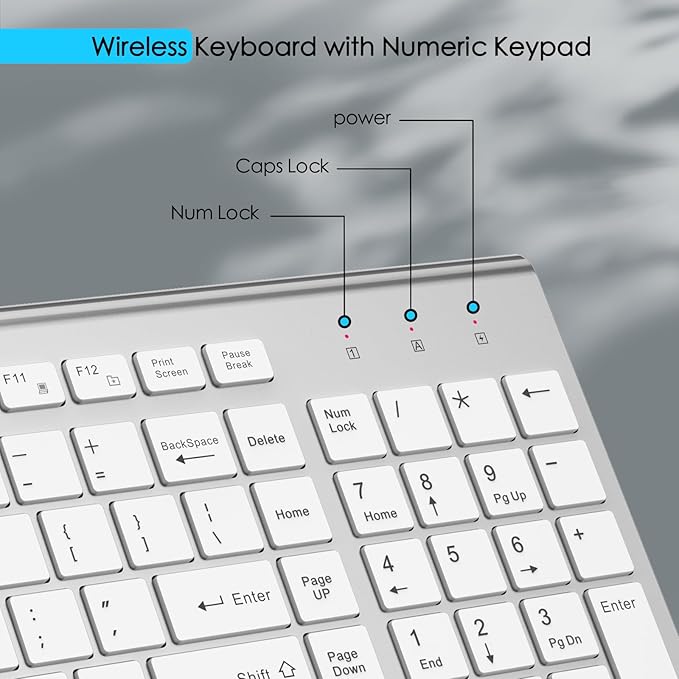 JOYACCESS Wireless Keyboard, 2.4G Slim and Compact Wireless Keyboard with Numeric Keypad for Laptop, MacBook air, Desktop, Computer, PC-Sliver&White