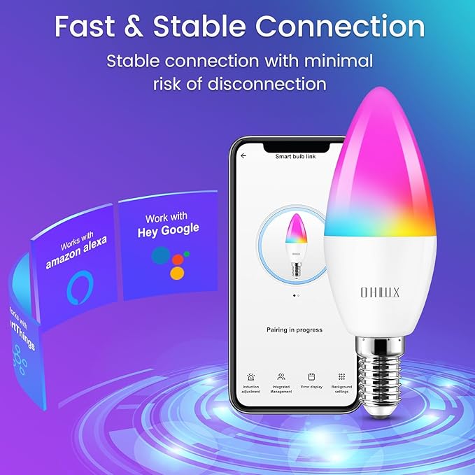 OHLUX Smart Candelabra LED Light Bulbs, 4W 40W Equivalent E12 Base, Compatible with Alexa Google Assistant, Color Changing Bulbs with 16 Million Colors, 2.4GHz WiFi, 4 Pack