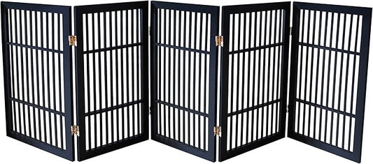 Pet Dog Gate Strong and Durable Freestanding Folding Acacia Hardwood Portable Wooden Fence Indoors or Outdoors by Urnporium (Black Pet Gate, 5 Panel 30" Tall)
