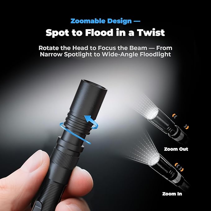 Rechargeable Pen Light Flashlight, 800LM Zoomable Pocket Flashlights with Clip Dual Modes LED Pen Flashlight Battery Powered Waterproof Bright Flashlights for Outdoor Home Emergencies (1, Black)