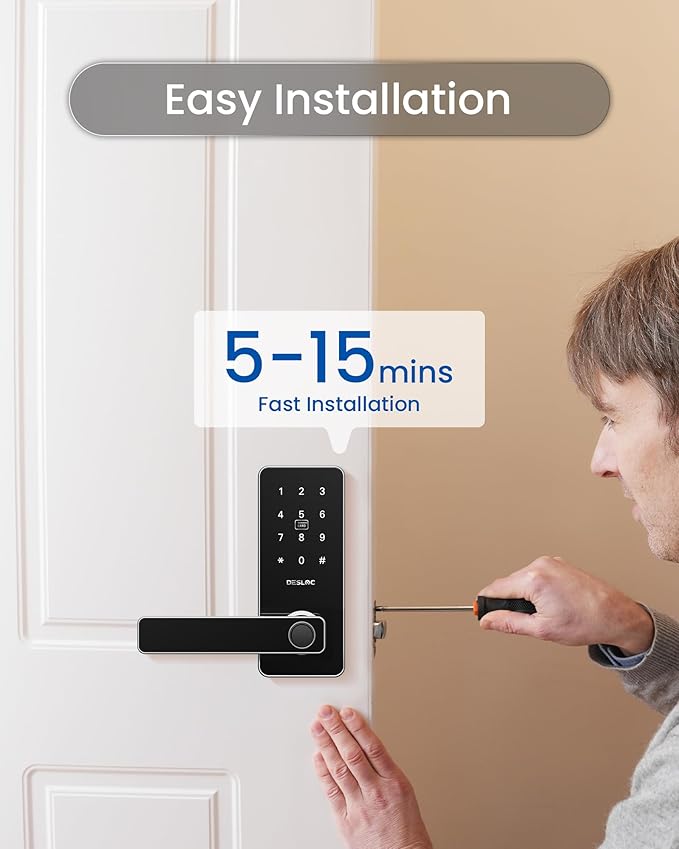 DESLOC B200L Fingerprint Smart Lock with Handle, Keyless Entry Door Locks, App Control, Touchscreen Keypad, 100 PIN Codes, Auto-Lock, 12-Month Battery, Emergency Power Port, IP54 Silver