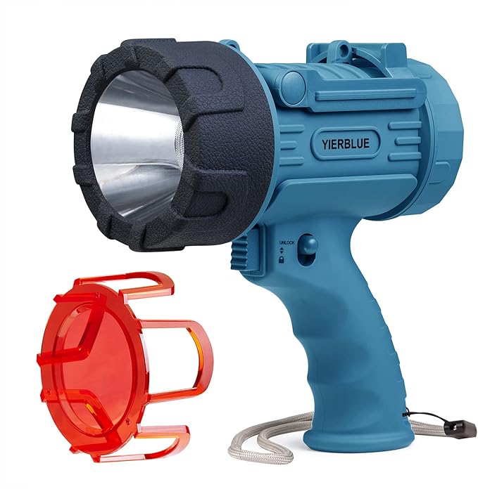 YIERBLUE Rechargeable Spotlight,18W IPX7 Water-Resistant Flashlight, Super Bright 800 Lumens LED, 20h Ultra-Long Standby,Ideal Spotlight for Boating, Camping, Hiking, Hurricane Survival(Blue)…