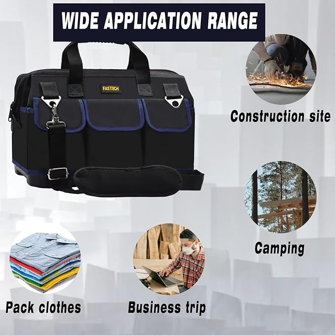 22 Inch Tool Bag, Waterproof Wide Mouth Tool Kit, Heavy Duty Tool Bag Organizer With Shoulder Straps and Molded Base, Tool Storage Package For Screwdrivers, Pliers, Nut Drivers (DarkBlue22IN)