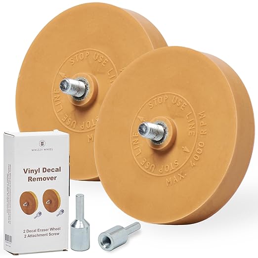 Wonder Wheel Decal Remover Eraser for Drill – 2 Pack Rubber Eraser Wheels for Easy Vinyl, Adhesive, and Sticker Removal – Durable, Safe on Cars, Boats, RVs – Dark Yellow, 4 Inch Diameter