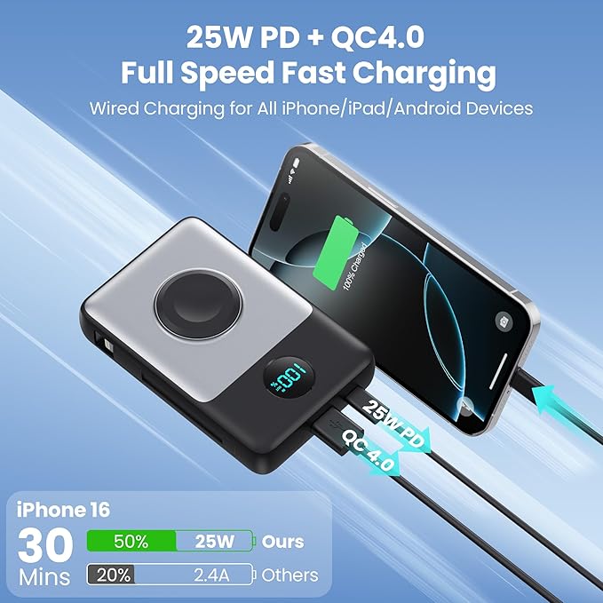 Magnetic Portable Charger 10800mAh for iPhone with Built-in Cables, 6-in-1 Wireless Power Bank with iWatch Charger, LCD Display 25W PD Fast Charging Battery Pack for iPhone 16/15/14/13/12, Apple Watch