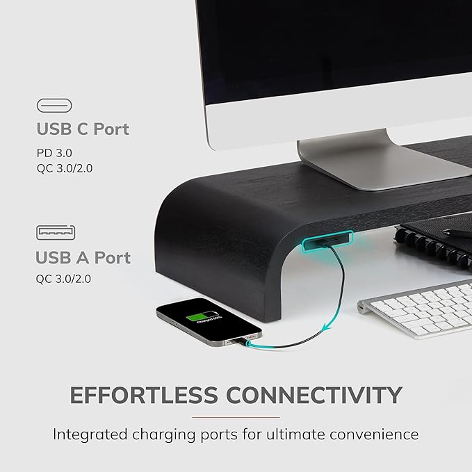 Anji Mountain Wood Monitor Stand Riser Desk Desktop Organizer Table for Home, Office Workspace, Laptop Riser, Ergonomic Design Stand for Gaming Setup, with Power Source, Black