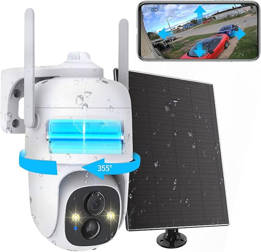 2K PTZ Solar WiFi Security Camera with AI Motion, Color Night Vision, 360 View, Waterproof, Alarm - Rechargeable Battery