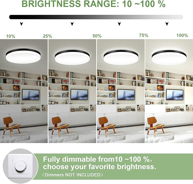 DLLT 24W Modern Dimmable Led Flush Mount Ceiling Light Fixture, 13 Inch Black Round Close to Ceiling Lights for Bedroom, Kitchen, Dining Room, Living Room 3000K-6000K 5 Light Color Adjustable